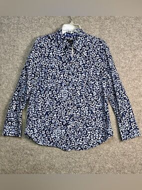 Talbots Women’s M Navy/Light Blue Abstract Leopard Print Button-Up Collar Shirt